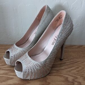 Cathy Jean Ceternity Gold Platform Peep Toe Stilettos